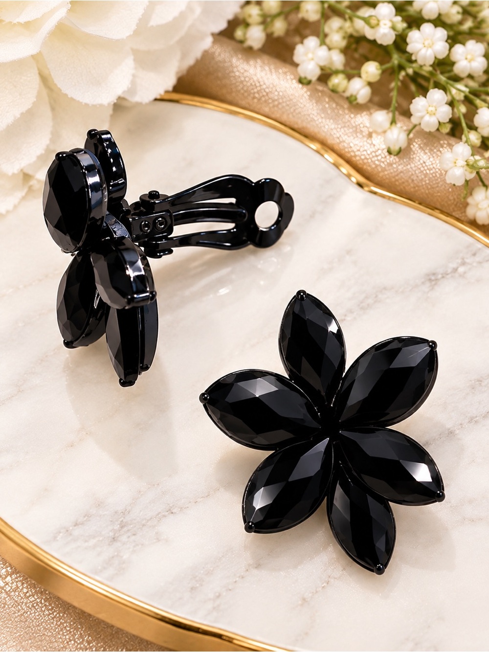 Elegant Black Floral Clip-On Earrings